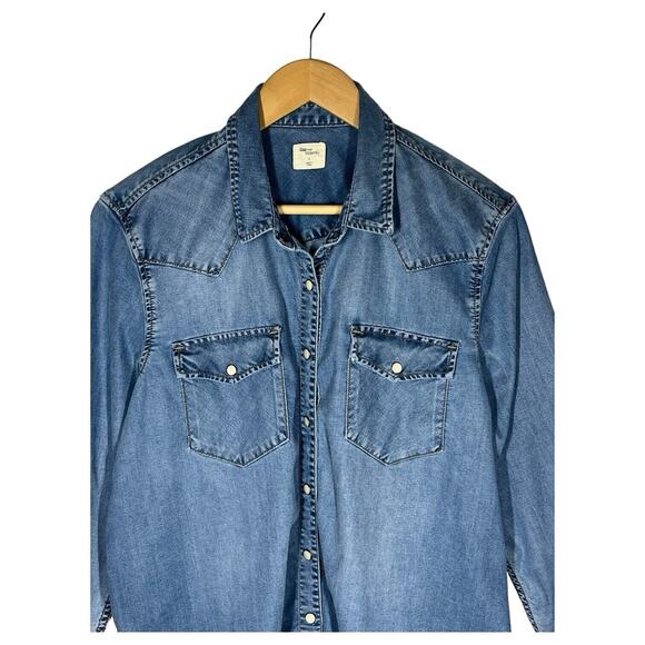 Gap Maternity Top Womens L Pearl Snap Long Sleeve Button Up Western Chambray - Picture 4 of 11